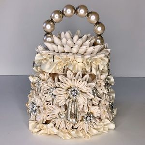 Mary Frances White Dahlia Floral Satin Pearls Sequins Beaded Wedding Cake Bag